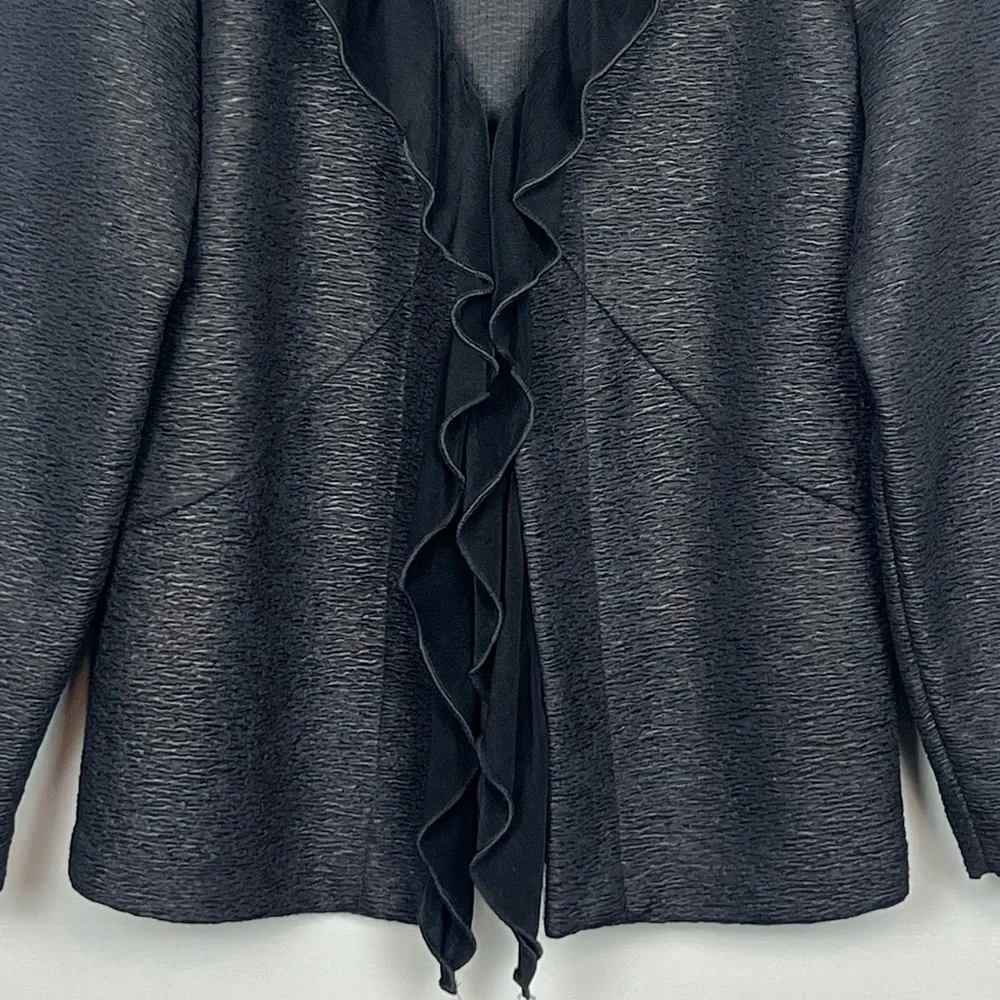 Chico’s black textured ruffled shawl collar single hook closure jacket, medium.